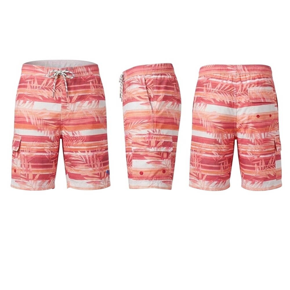 Tommy Bahama Relax Swim Trunks Mens M Pink Orange Striped Palm Cargo Mesh Lined